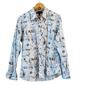 Tommy Hilfiger Mens Novelty Ski Print Button Up‎ Top Size L Cabin Core Slim Fit